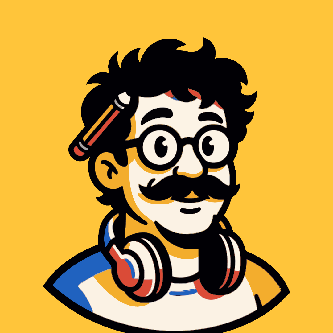 Gino, the illustrated designer: curly hair, round glasses, a huge moustache, a pencil behind his ear and headphones round his neck